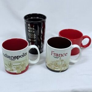 Lot of 4 Starbucks Coffee Mugs Locations France Indianapolis Red Tall